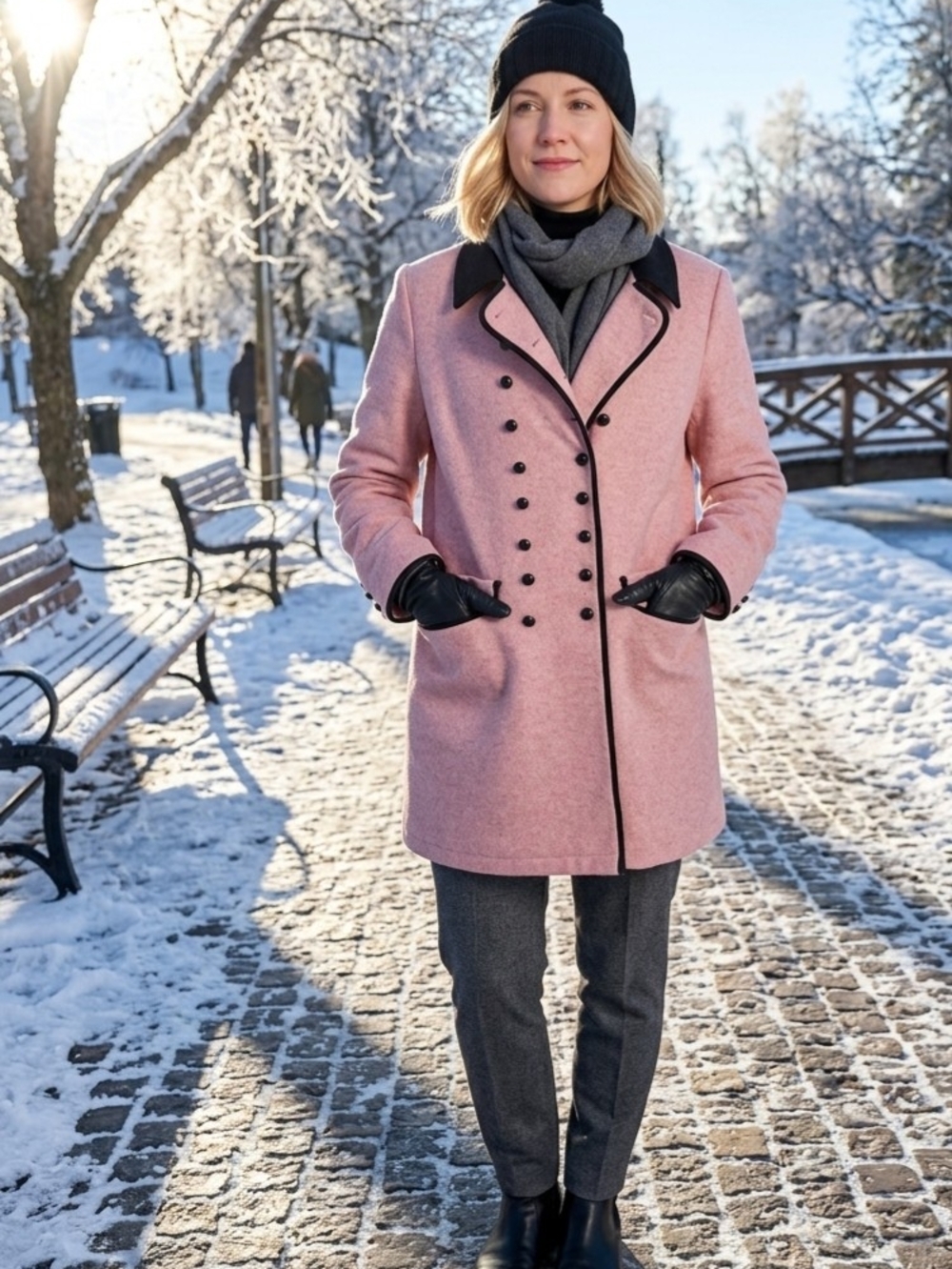 Pink Contrast Trim Double Breasted Pea Coat Size L Preppy Coquette